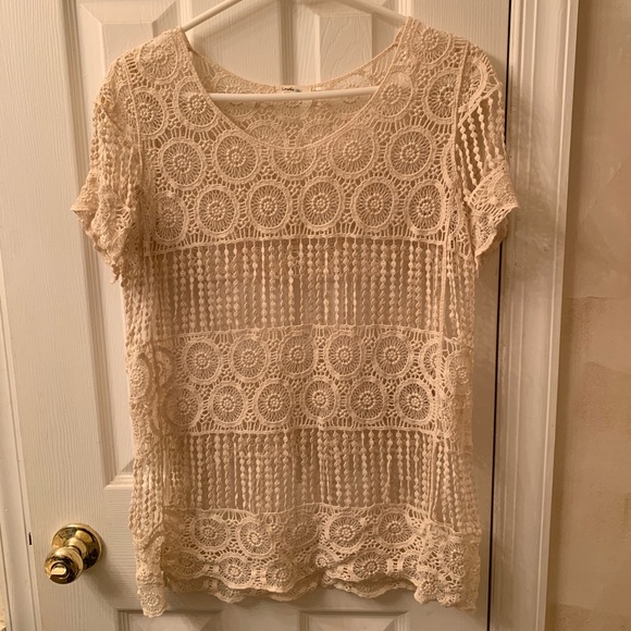Cream Lace Short Sleeved Shirt Medium - Picture 1 of 4